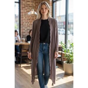 2 for $20! Tickled Teal Charcoal Lace Trim long cardigan